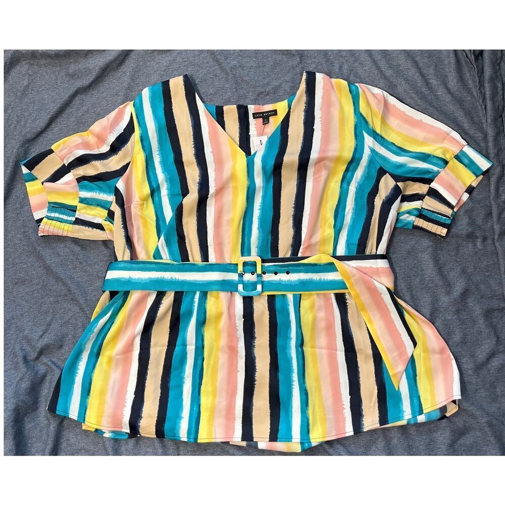 Lane Bryant Womens 26 Striped Tie Waist  Belted Hampton Pink Colorful Blouse